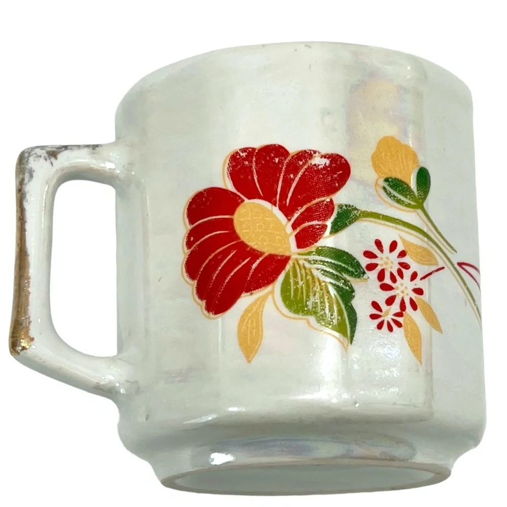 VINTAGE WAHBEH OF CHINA RED FLORAL LUSTERWARE CUPS & SAUCERS - SET OF 6